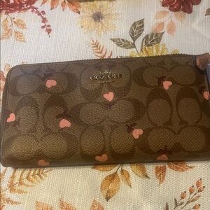 Coach Brown Signature Wallet with Pink Heart Accents
